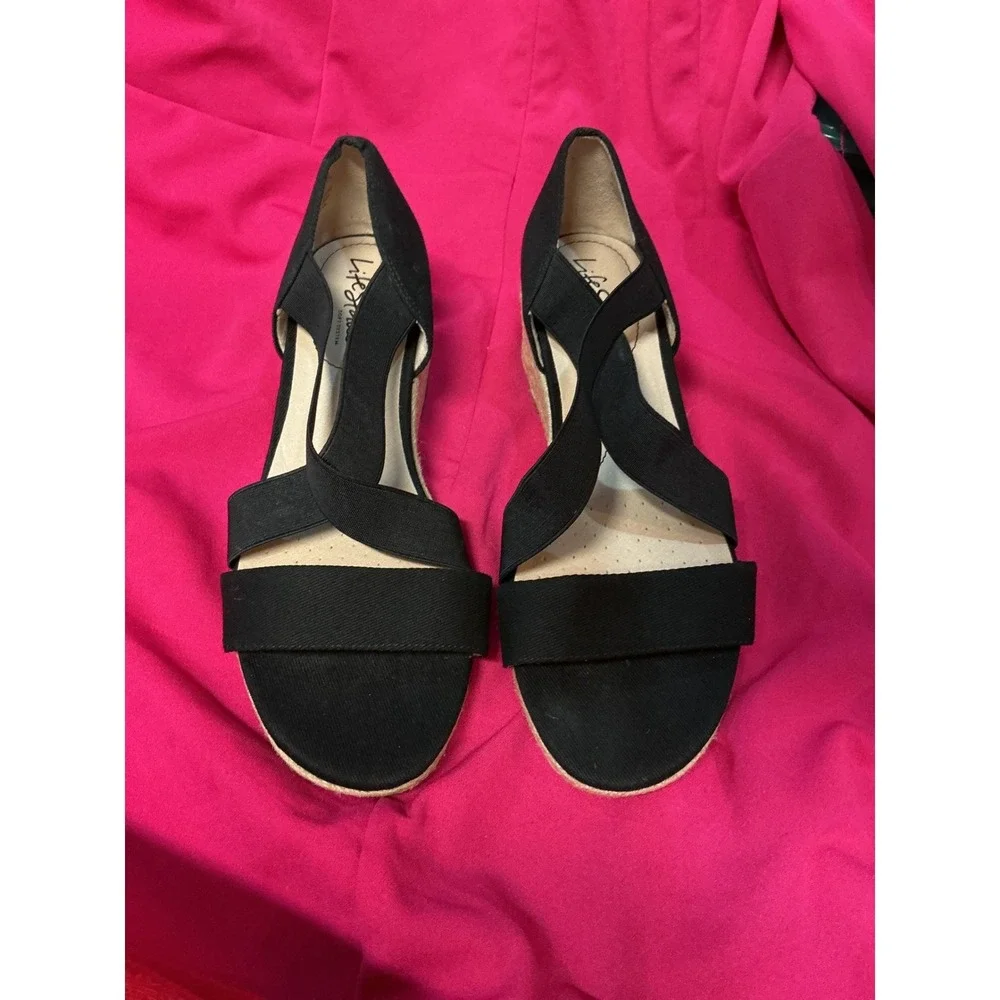 LifeStride Soft System Wedge Sandals Womens 10M Black NWOT Espadrille‎ Strappy